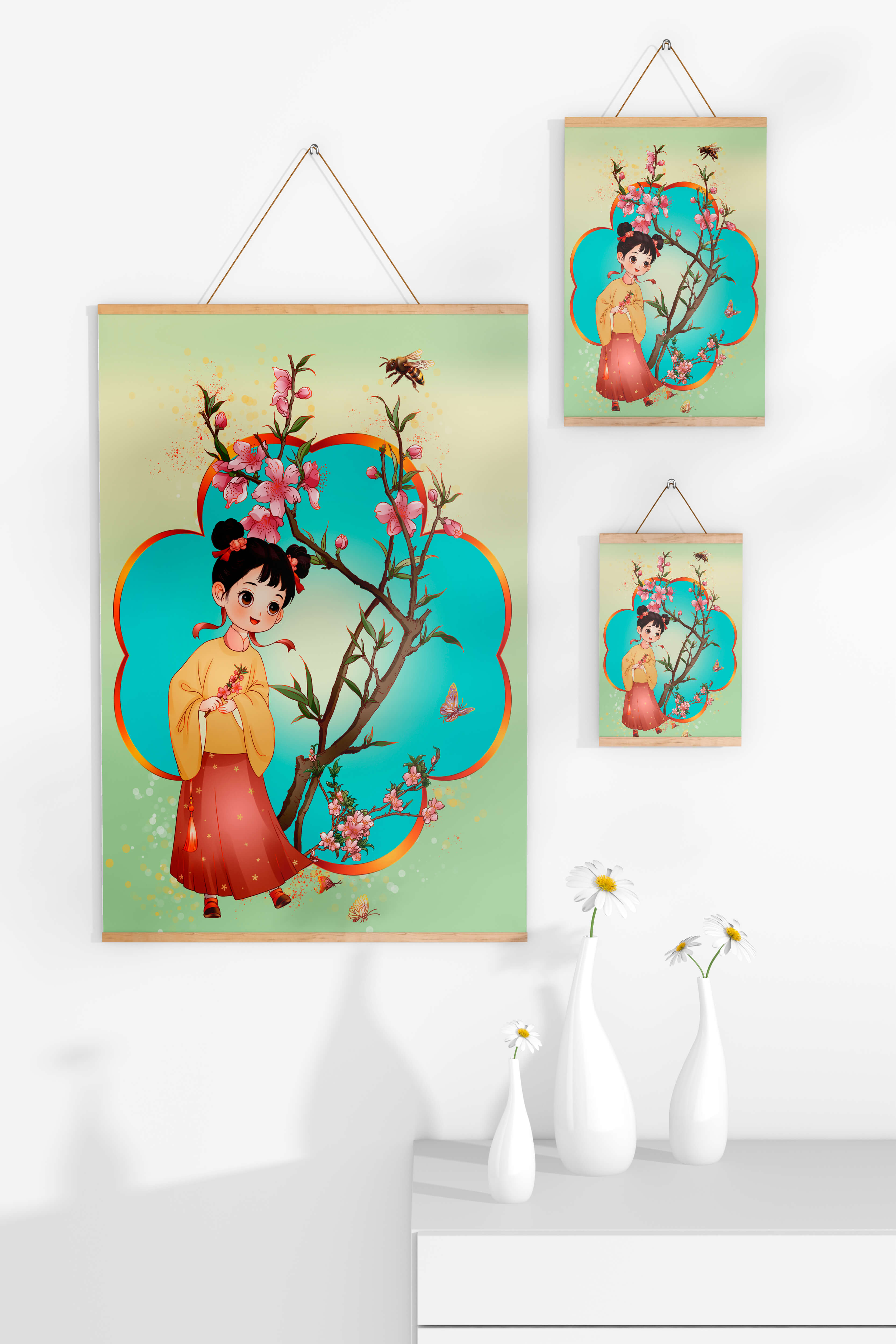 Illustration of a girl with cherry blossoms and butterflies