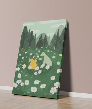 Woman and Dog in a Serene Rainy Meadow with Flowers
