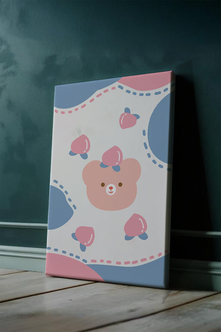 Adorable pastel bear with peaches and dotted background