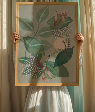 Floral botanical pattern with green leaves and delicate flowers