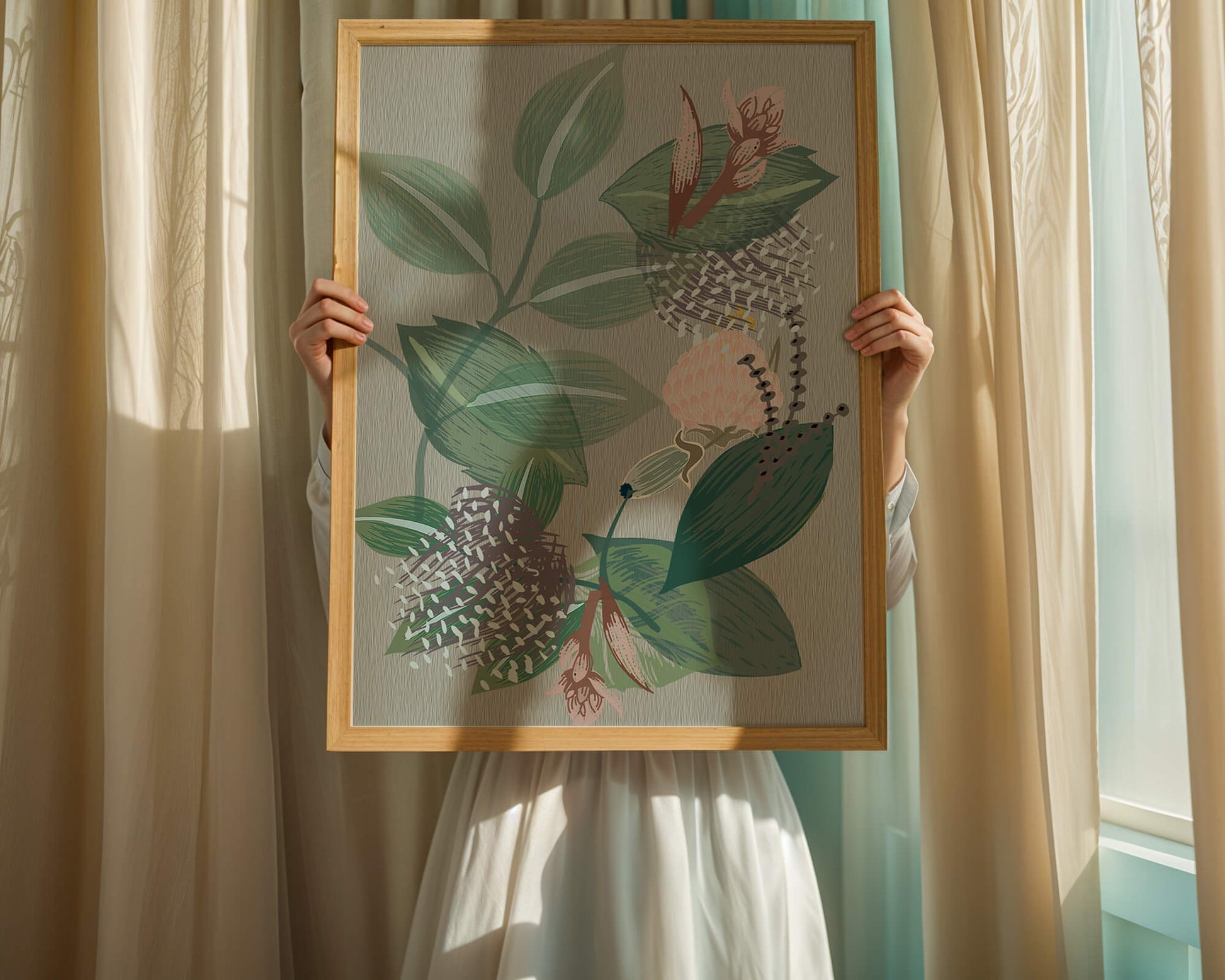 Floral botanical pattern with green leaves and delicate flowers