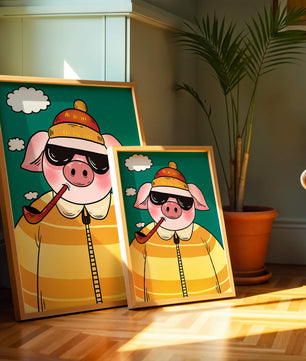 Cerdo elegante con gafas de sol y pipa contra un cielo turquesa