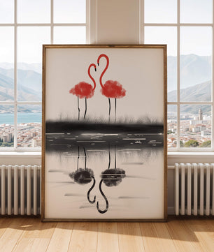 Flamencos elegantes reflejándose en el agua con un contraste artístico
