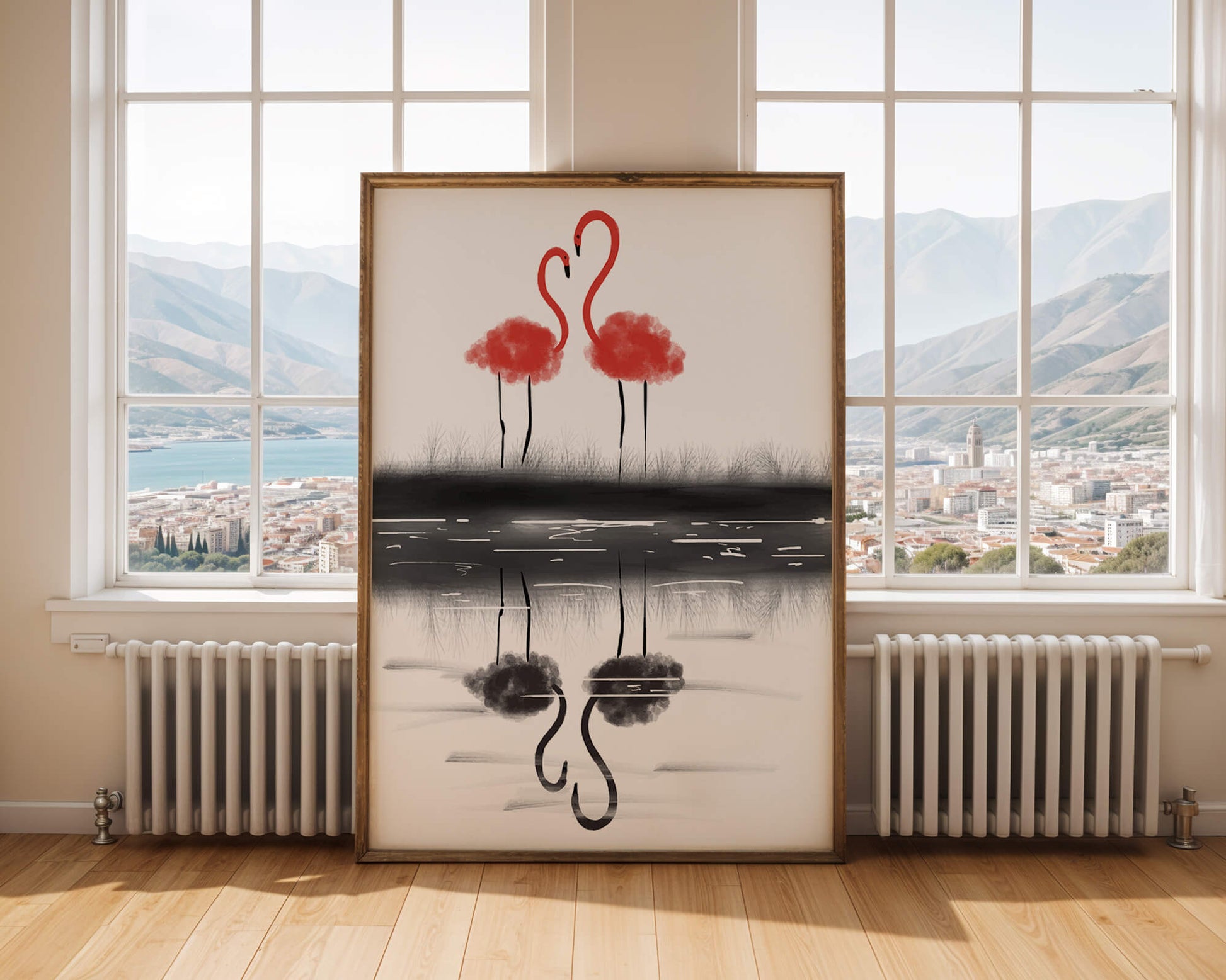 Flamencos elegantes reflejándose en el agua con un contraste artístico