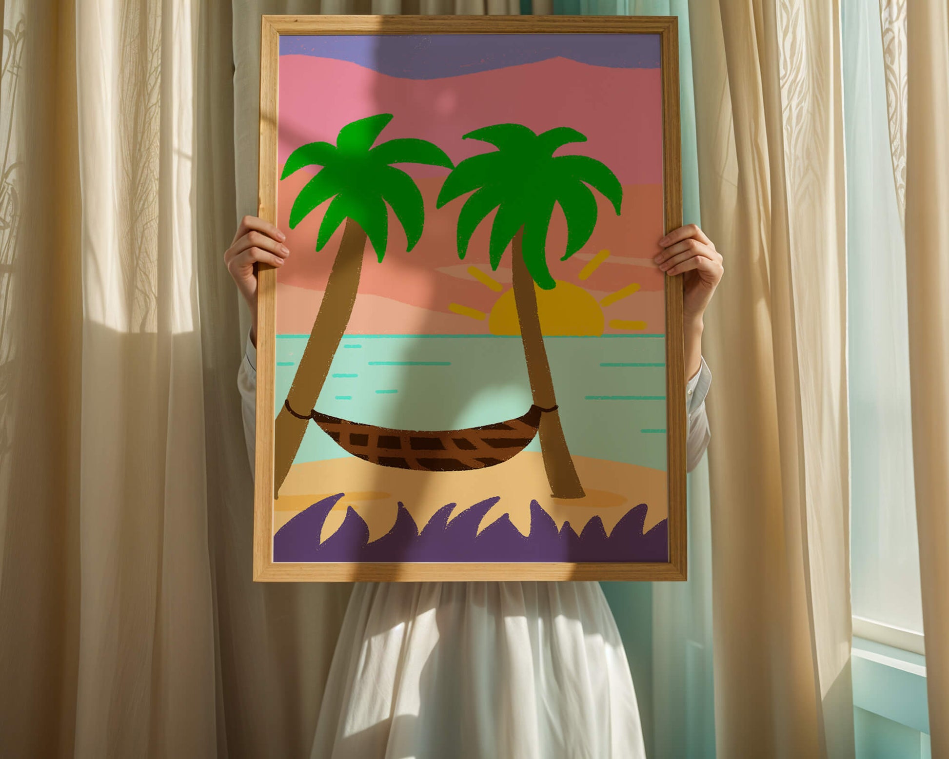 Tranquil beach scene with hammock and sunset