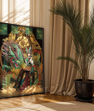 Art fantastique élégant d'une femme avec un dragon majestueux et des éléments dorés