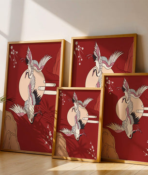 Elegant Asian-inspired artwork featuring flying cranes and cherry blossoms