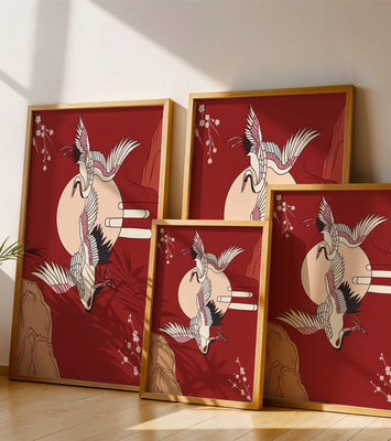 Elegant Asian-inspired artwork featuring flying cranes and cherry blossoms