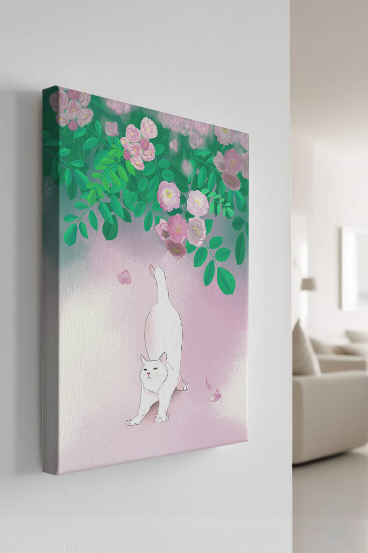 White cat stretching beneath blooming flowers in a pastel garden setting