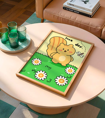 Adorable cartoon squirrel in a daisy-filled field with dragonfly