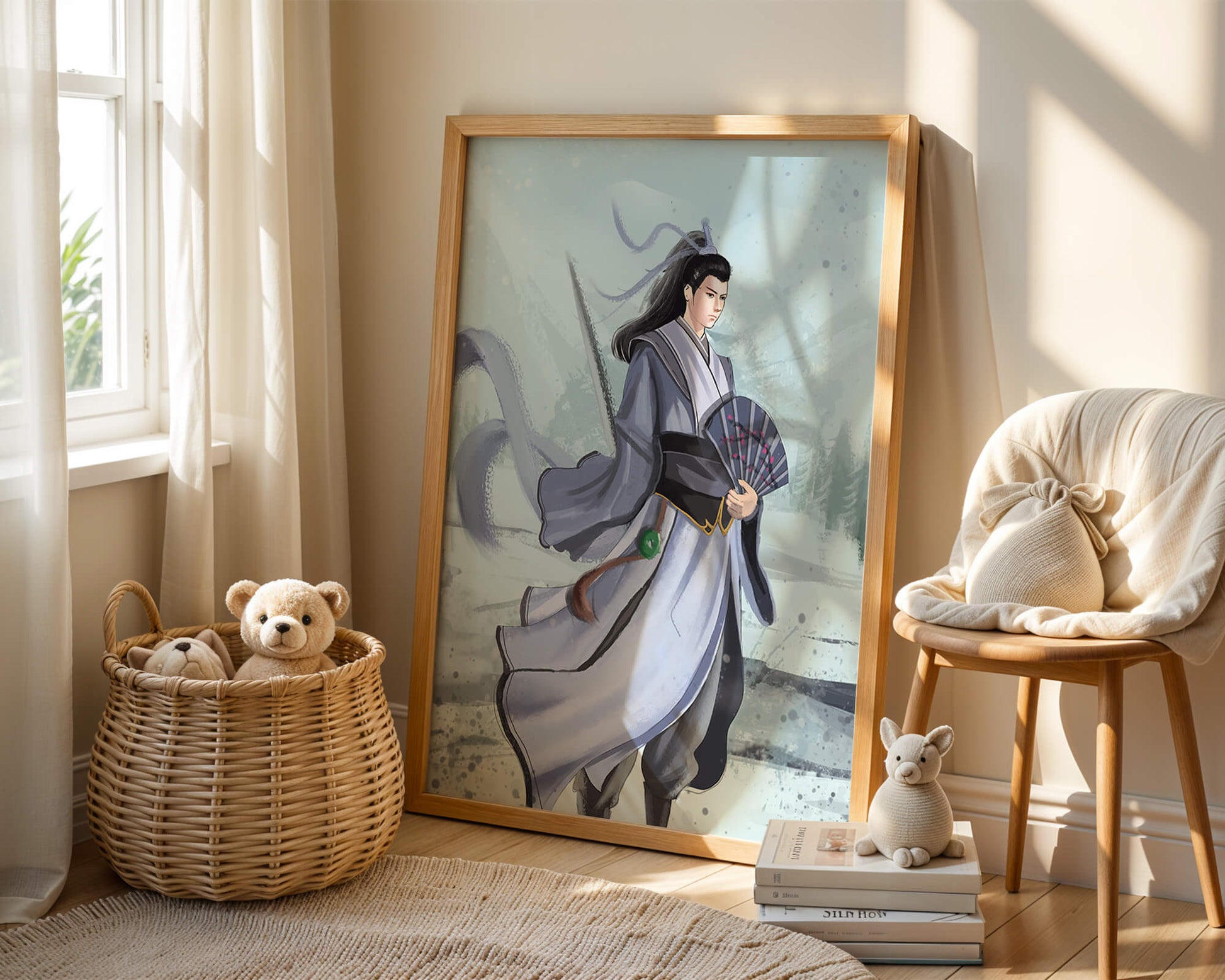 Elegant warrior in traditional attire with flowing robes and fan