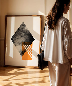 Abstract Geometric Composition with Orange Triangle and Cloudy Pattern - Mi tienda
