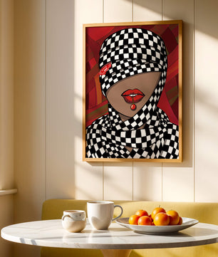 Abstract Art of Woman with Checkered Pattern and Red Lips - Mi tienda