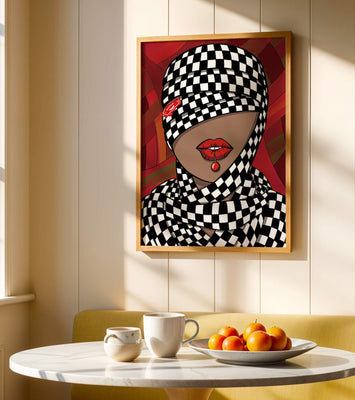 Abstract Art of Woman with Checkered Pattern and Red Lips