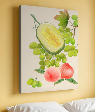 Ilustración de frutas vibrantes que incluye uvas, melón y duraznos