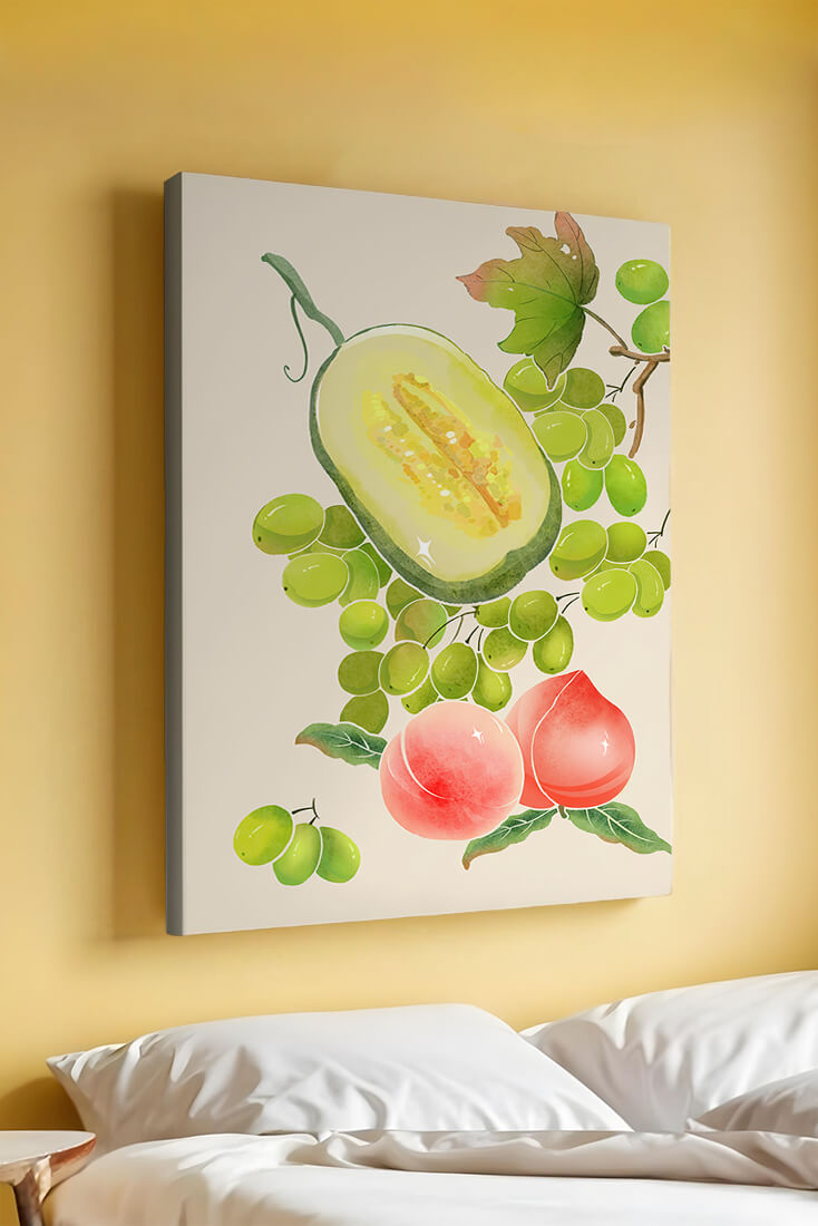 Ilustración de frutas vibrantes que incluye uvas, melón y duraznos