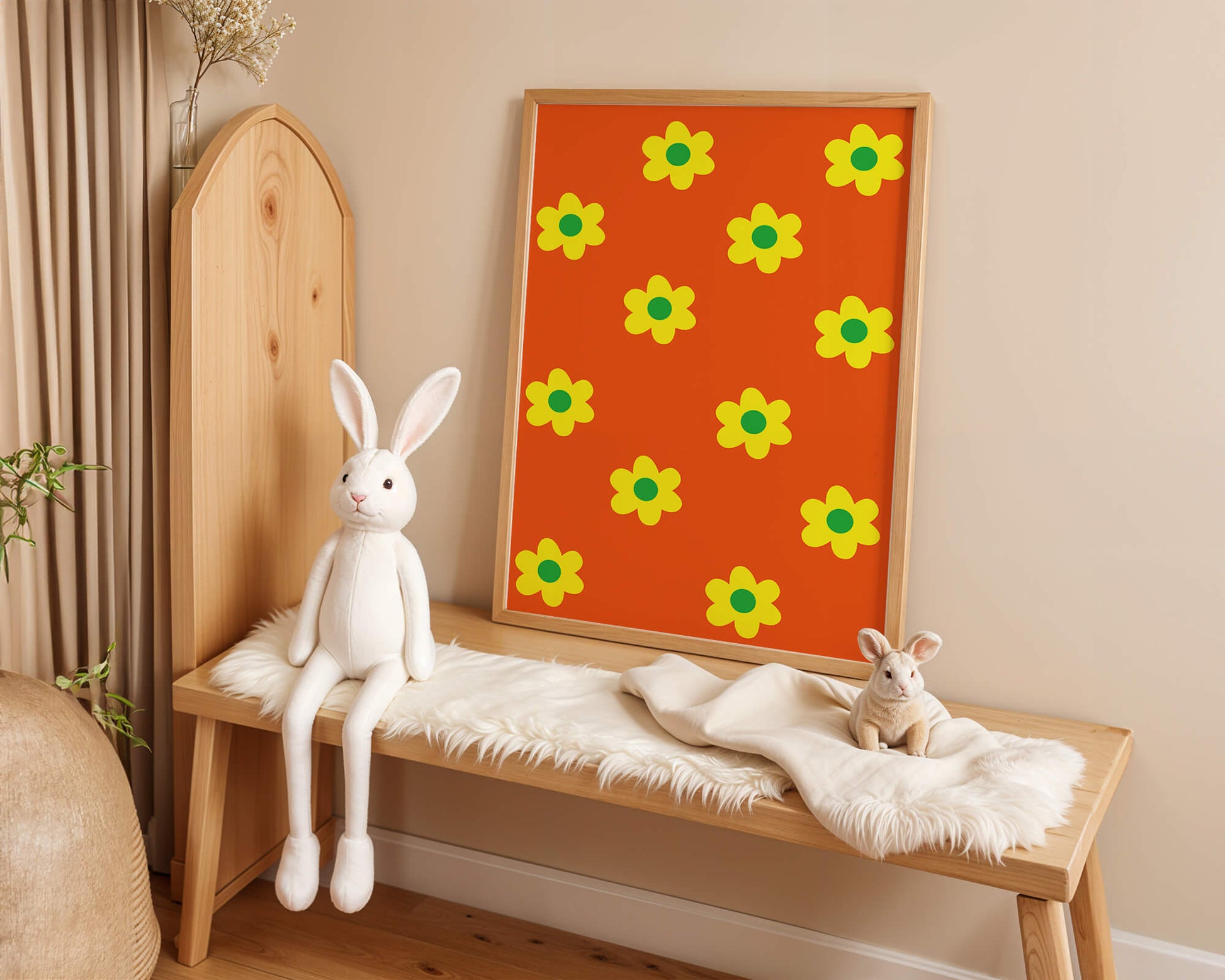 Colorful floral pattern with yellow flowers on orange background