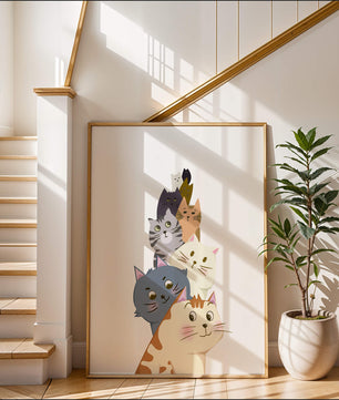 Stack of adorable cartoon cats with diverse patterns and colors