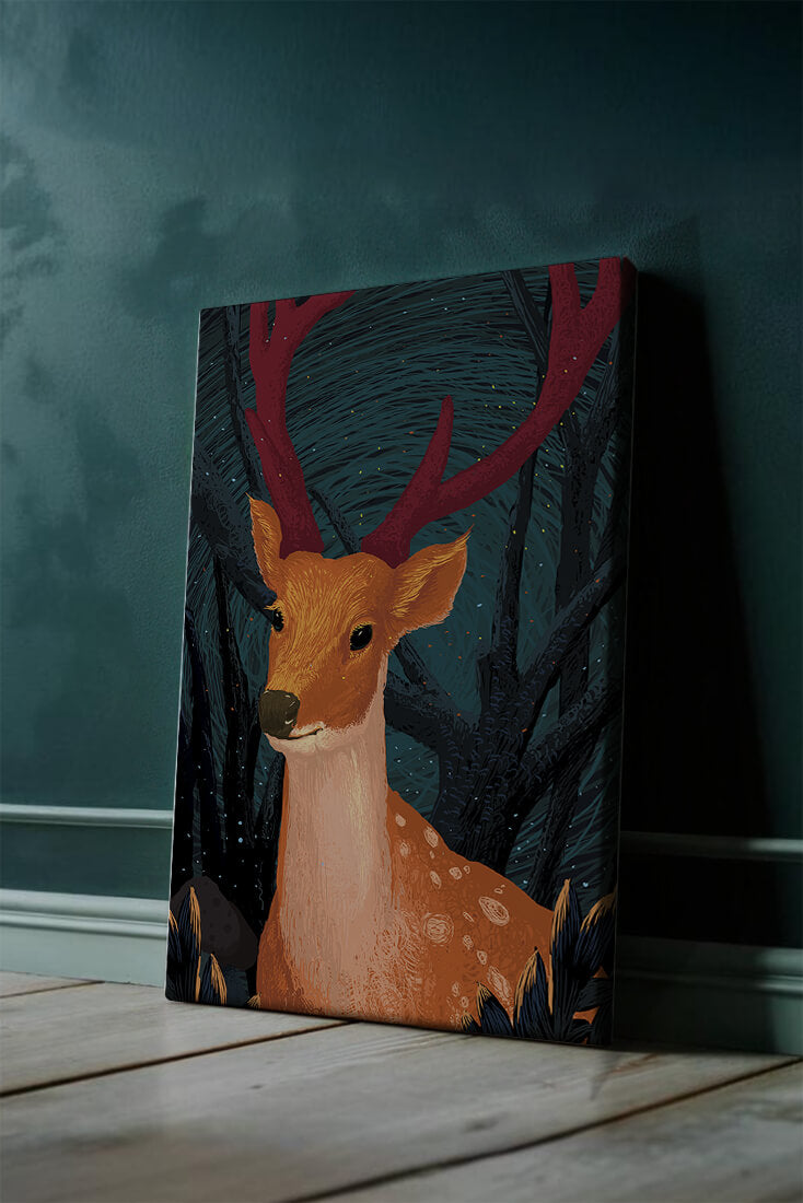 Ilustración de un majestuoso ciervo en un bosque místico