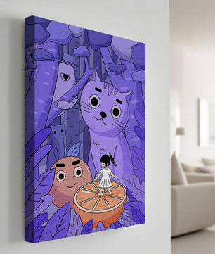 Whimsical forest scene with playful cartoon characters