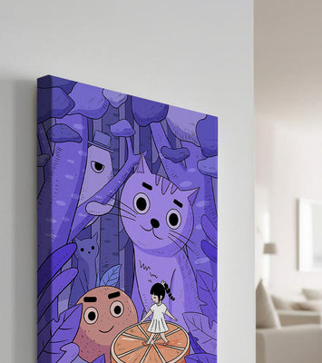Whimsical forest scene with playful cartoon characters