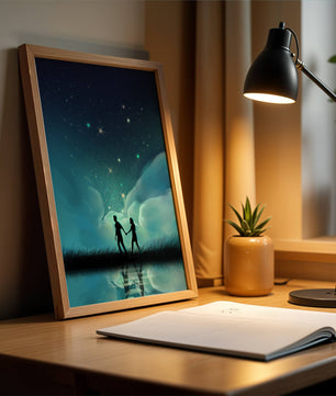 Pareja romántica paseando bajo la noche estrellada con reflejos celestiales