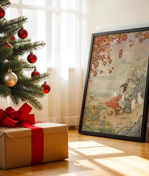 Traditional Chinese painting with autumn scenery and lady sipping tea