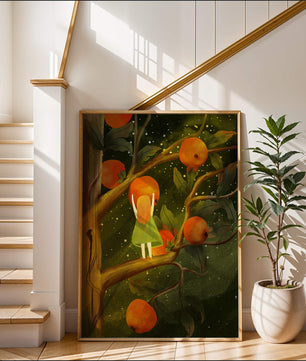 Little Girl Picking Oranges on a Starry Night
