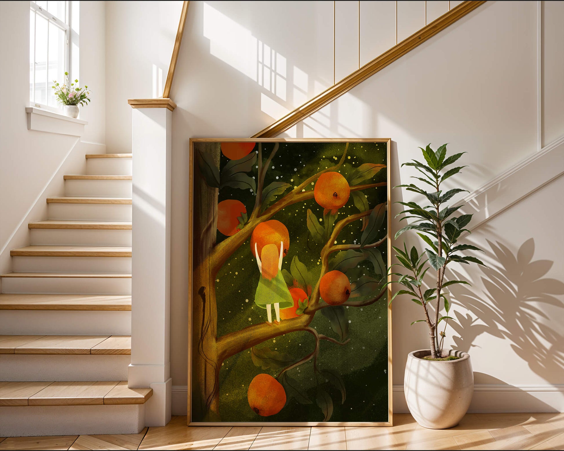 Little Girl Picking Oranges on a Starry Night
