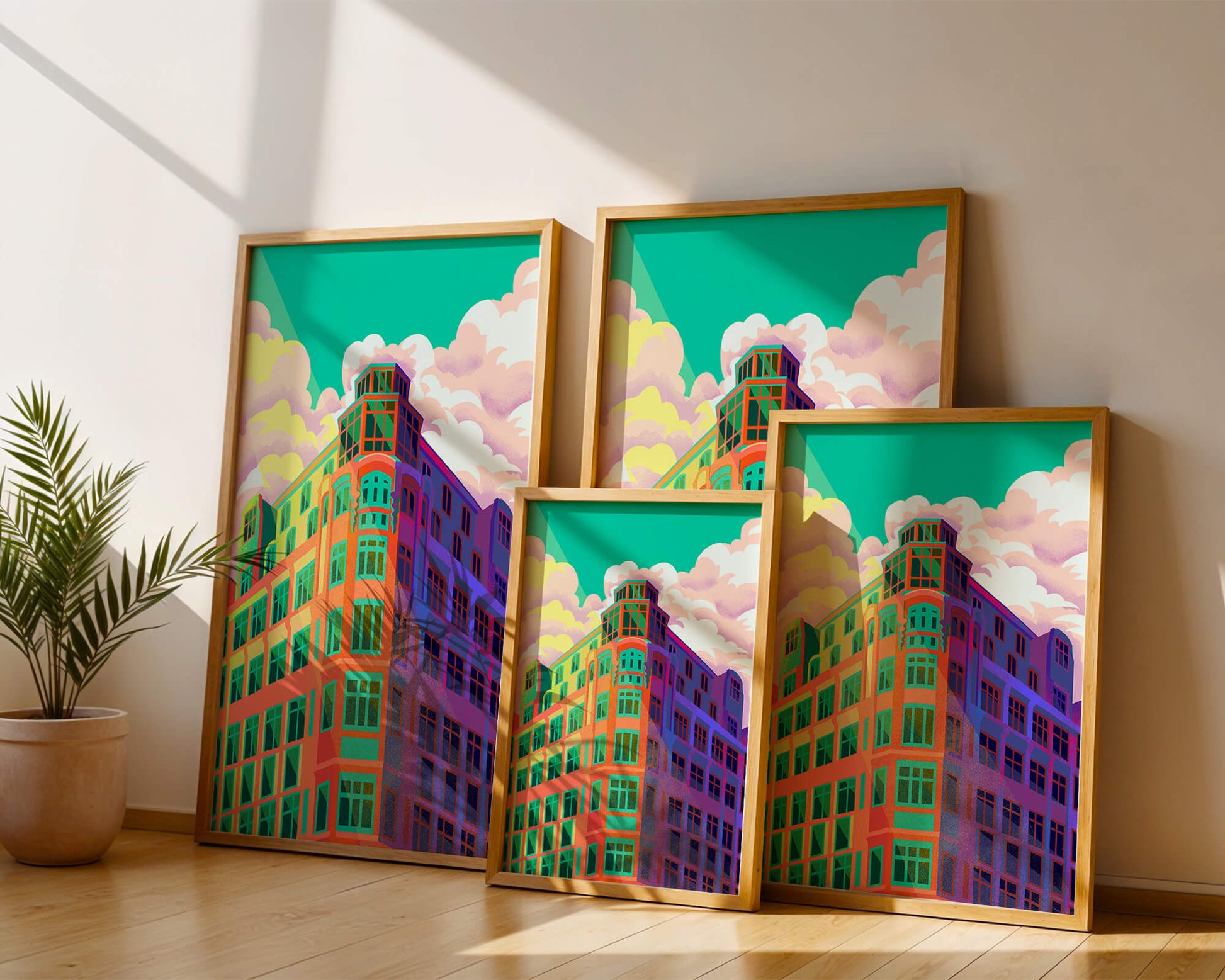 Colorful geometric building with vibrant sky