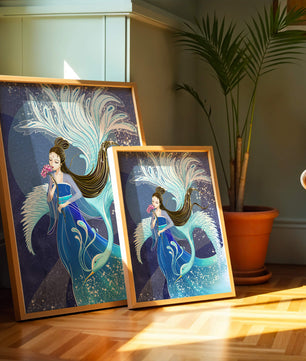 Elegant woman with floral motif and ethereal bird illustration