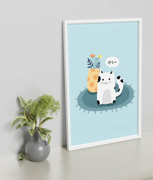 Cute illustration of a cat and flowers on a rug with a speech bubble