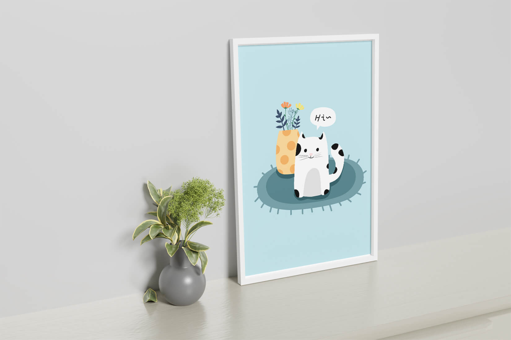 Cute illustration of a cat and flowers on a rug with a speech bubble