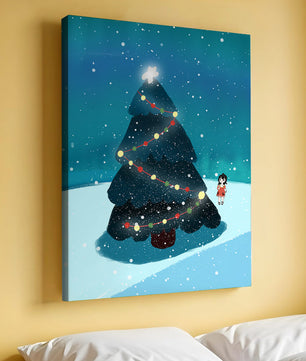 Winter scene with decorated Christmas tree and snowfall