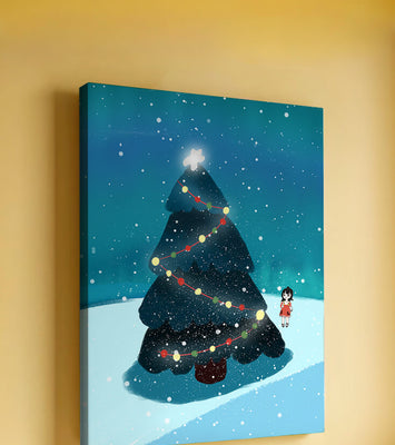 Winter scene with decorated Christmas tree and snowfall