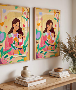Ilustración de madre e hija con flores para el Día de la Madre