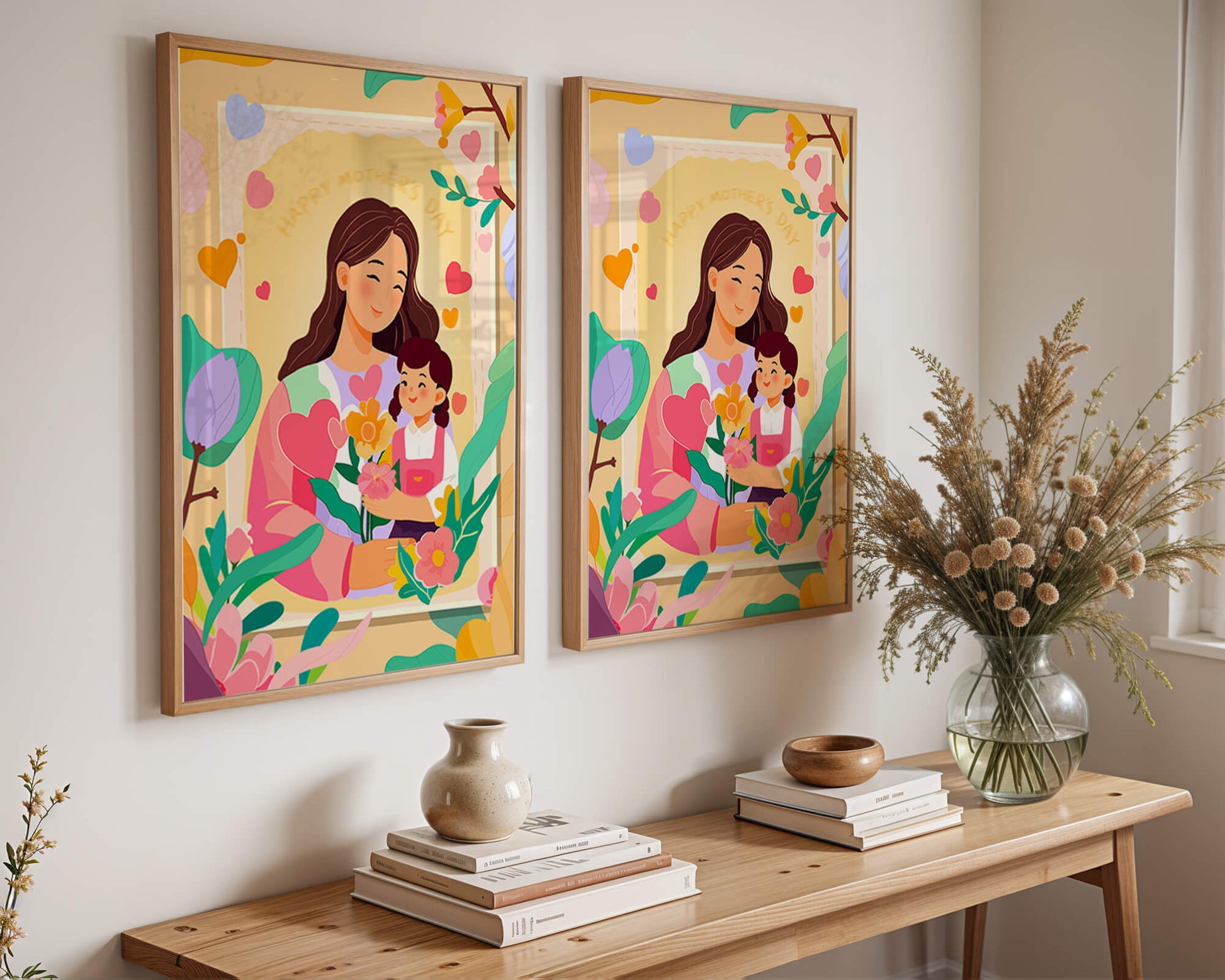 Illustration of mother and daughter with flowers for Mother's Day