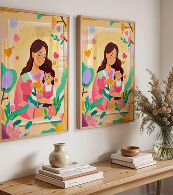 Illustration of mother and daughter with flowers for Mother's Day