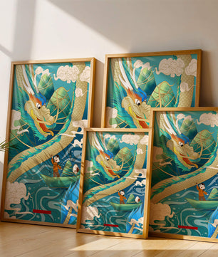 Colorful dragon and child illustration with vibrant waves and clouds
