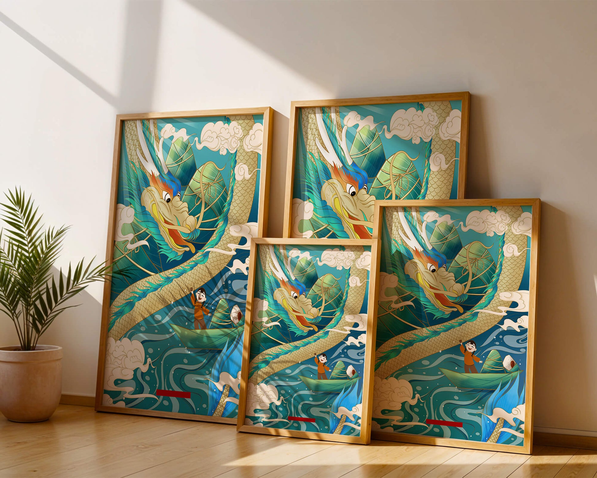Colorful dragon and child illustration with vibrant waves and clouds
