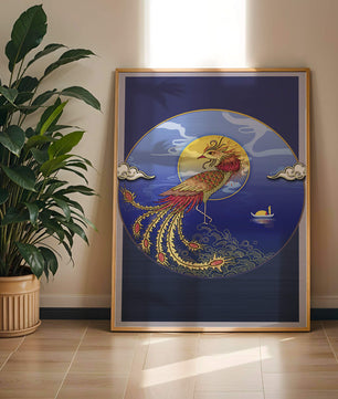 Phénix doré aux plumes éclatantes dans un décor marin mystique