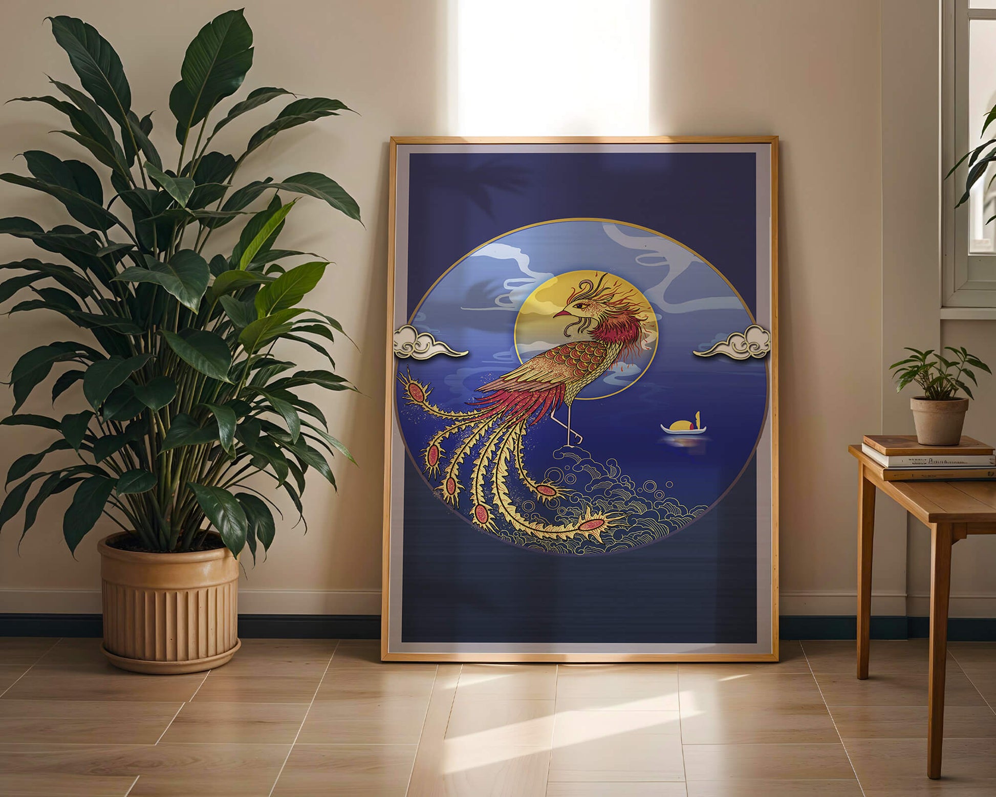 Golden Phoenix with Vibrant Feathers in Mystical Sea Setting