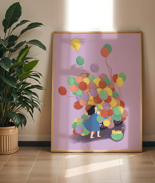 Bunte Luftballons mit einem Kind und einer Katze auf violettem Hintergrund
