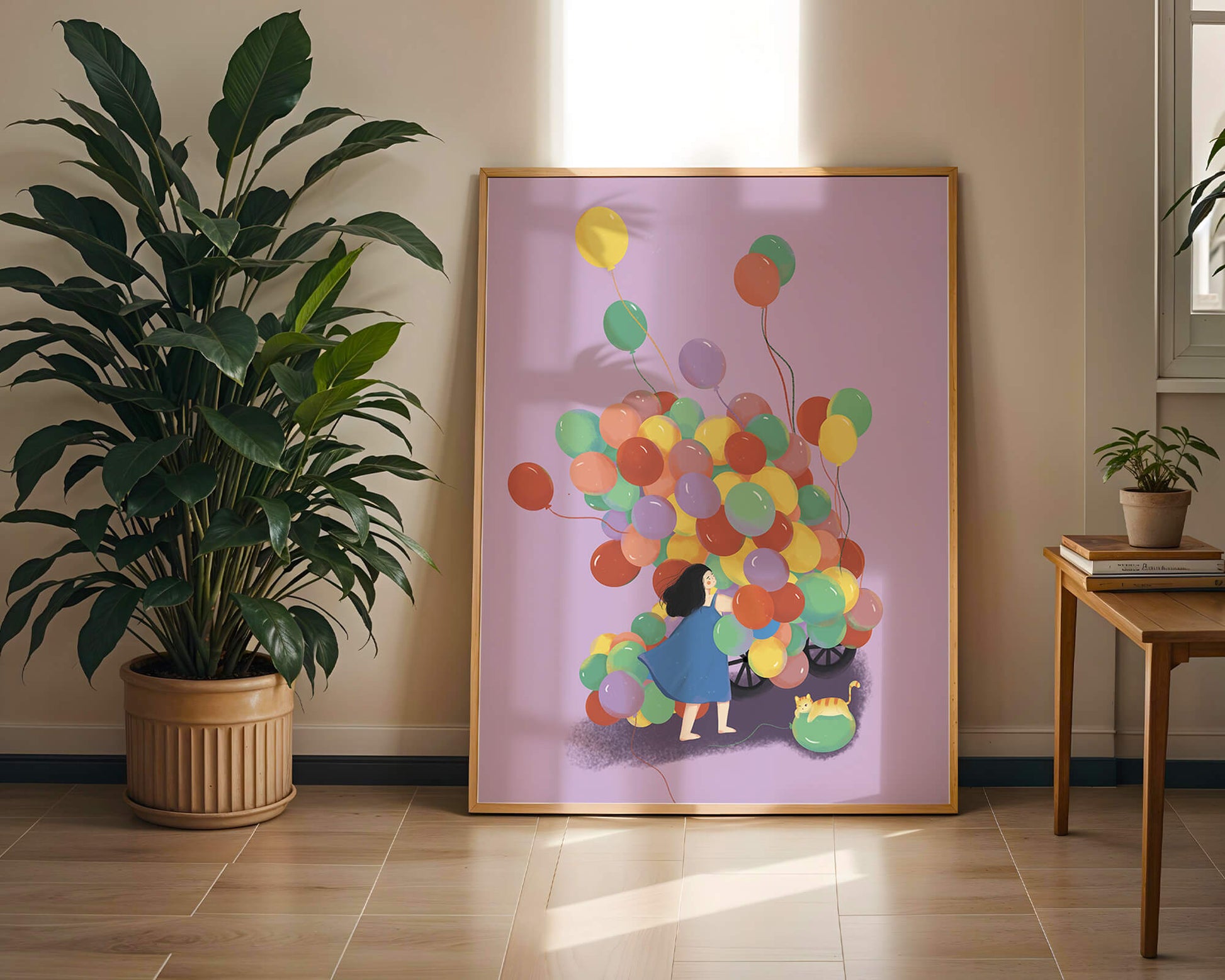 Bunte Luftballons mit einem Kind und einer Katze auf violettem Hintergrund