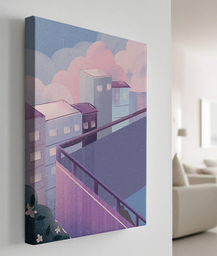 Urban Pastel Scene with Buildings and Pink Clouds