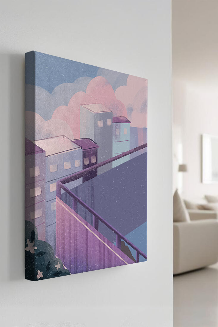 Urban Pastel Scene with Buildings and Pink Clouds