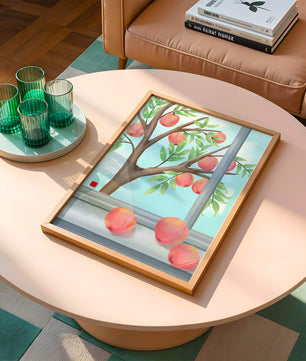 Peach tree outside a window with ripe peaches and sunny sky