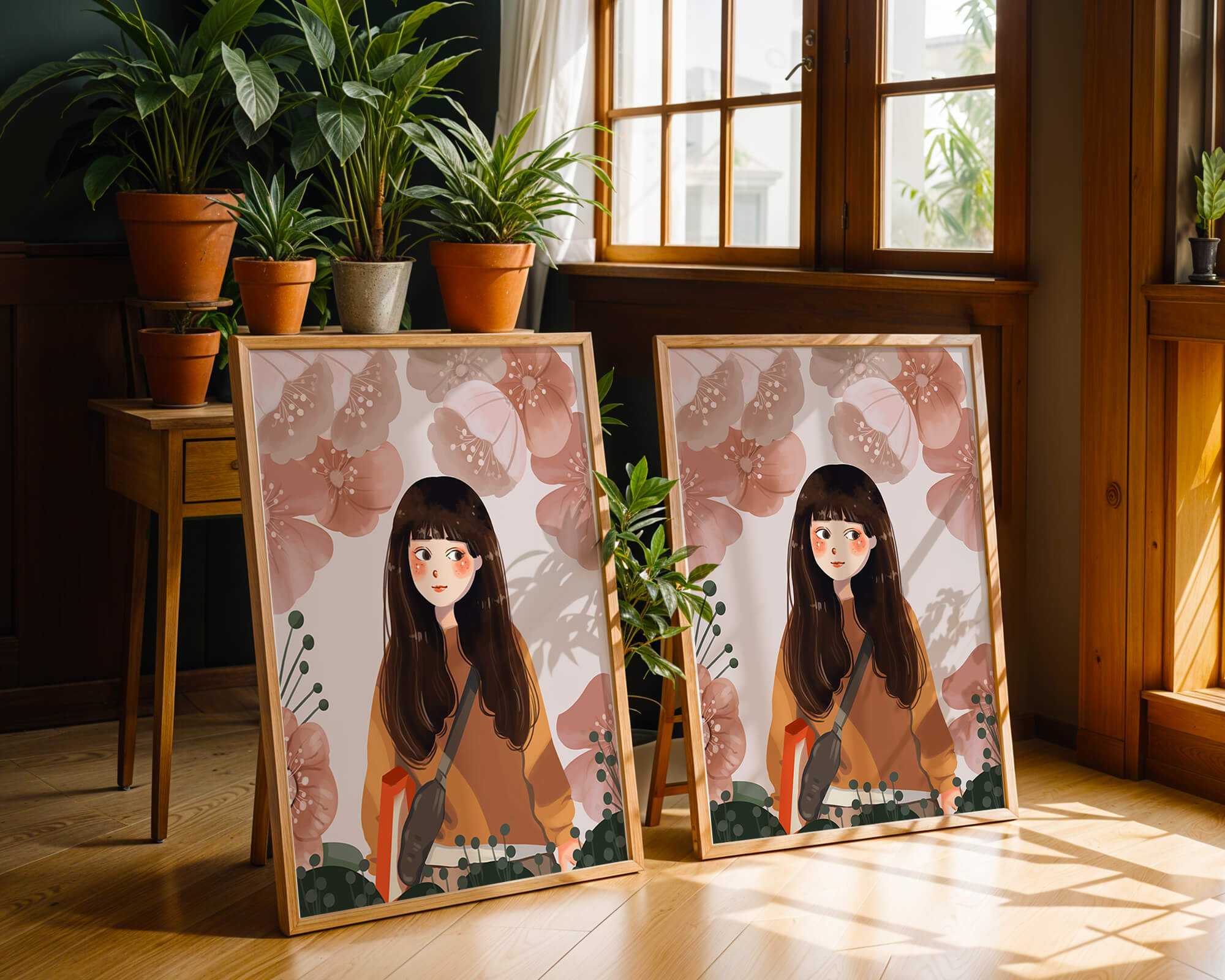Illustration of girl with flowers in soft pastel hues