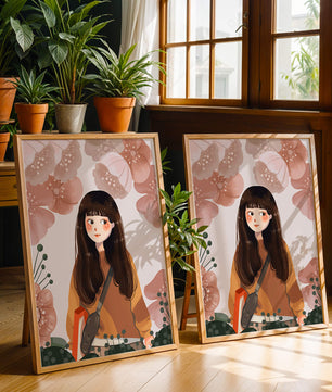 Ilustración de una niña con flores en tonos pasteles suaves