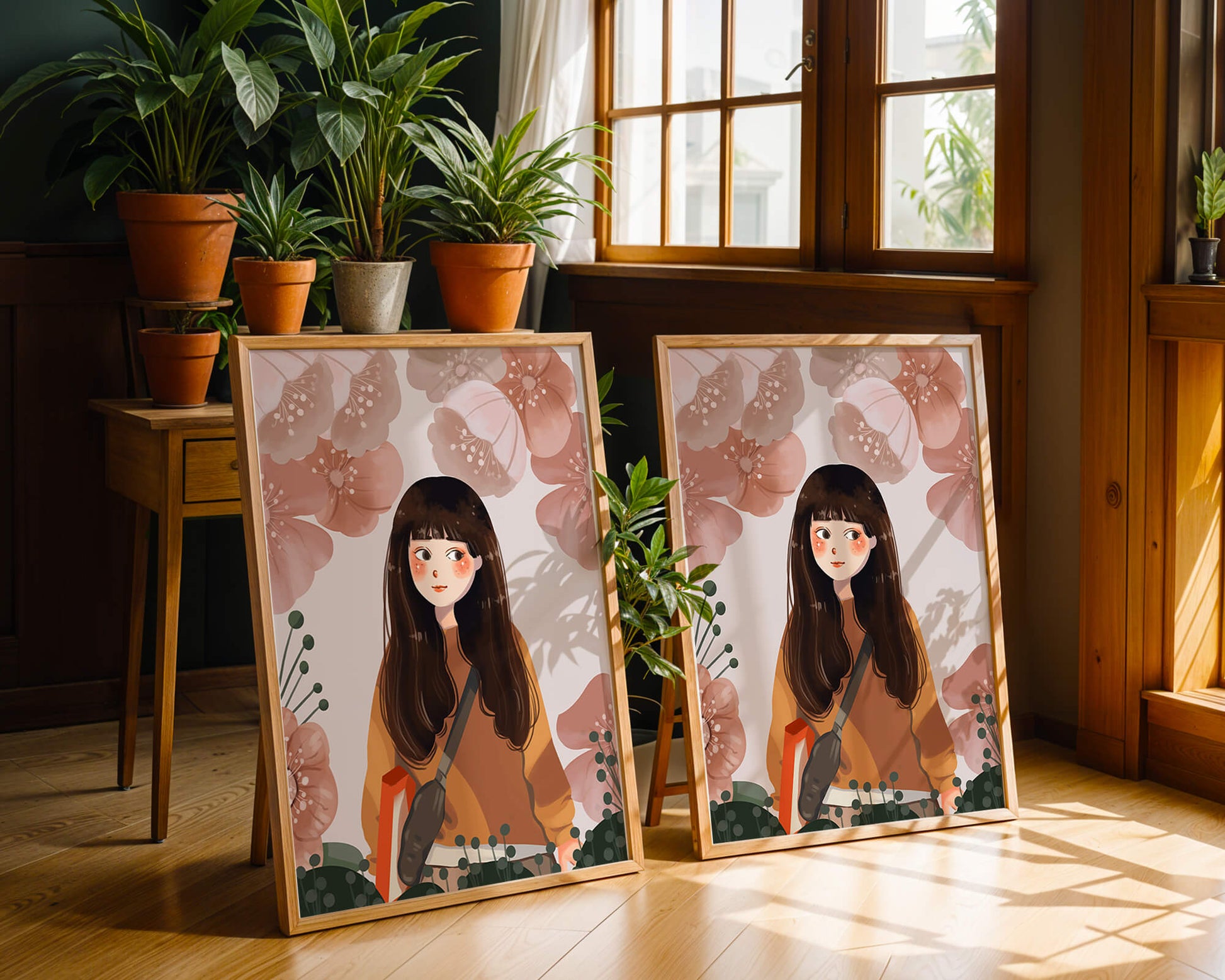 Illustration of girl with flowers in soft pastel hues